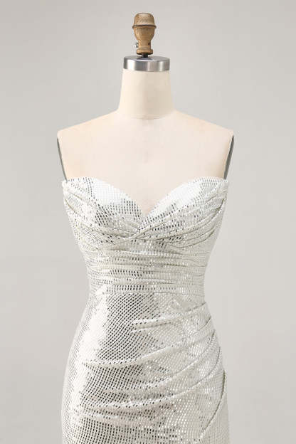 White Silver Strapless Sparkly Sequined Ruched Tight Short Homecoming Dress