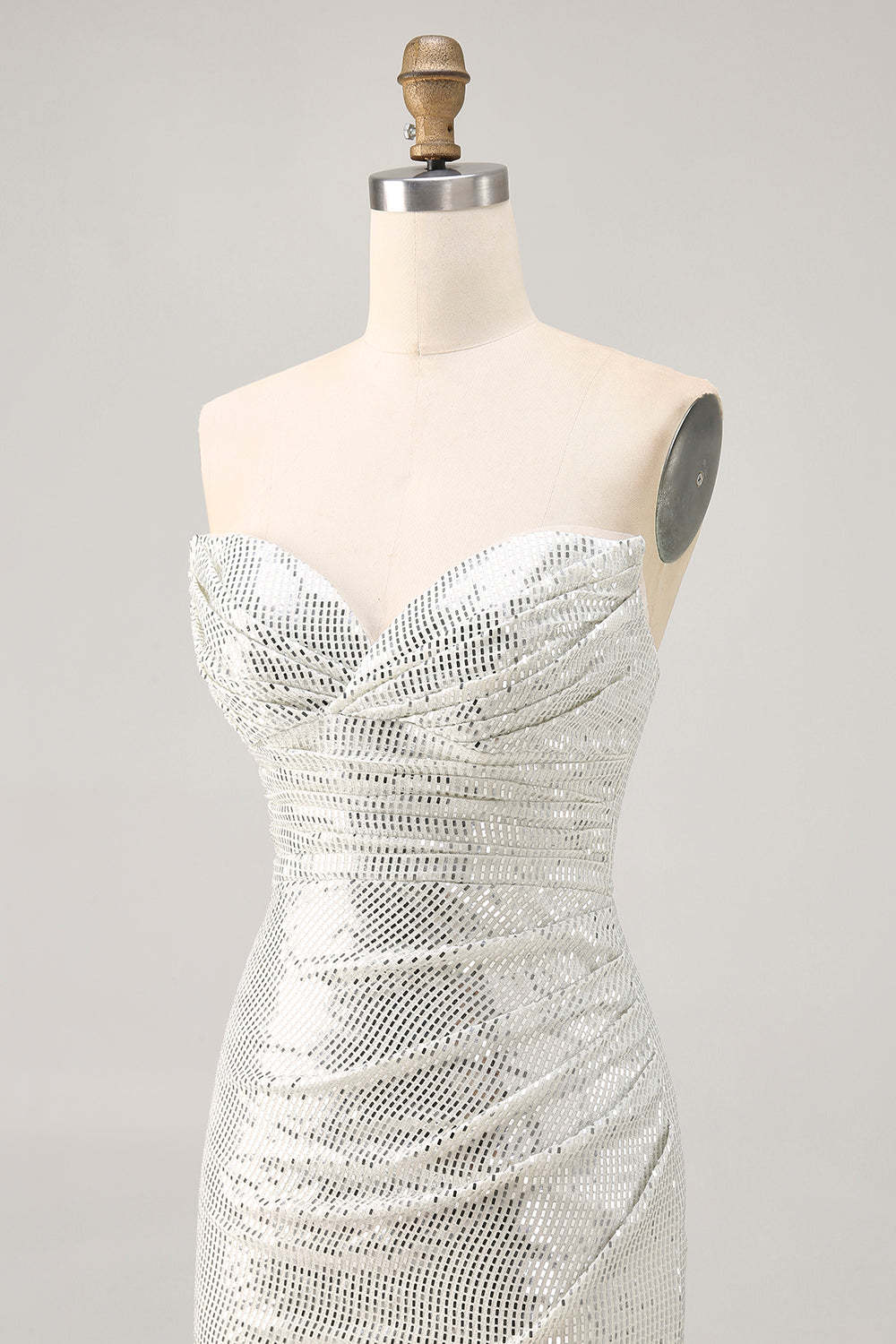 White Silver Strapless Sparkly Sequined Ruched Tight Short Homecoming Dress