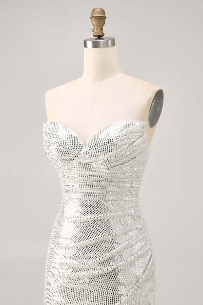 White Silver Strapless Sparkly Sequined Ruched Tight Short Homecoming Dress