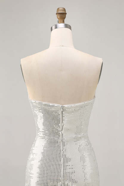 White Silver Strapless Sparkly Sequined Ruched Tight Short Homecoming Dress