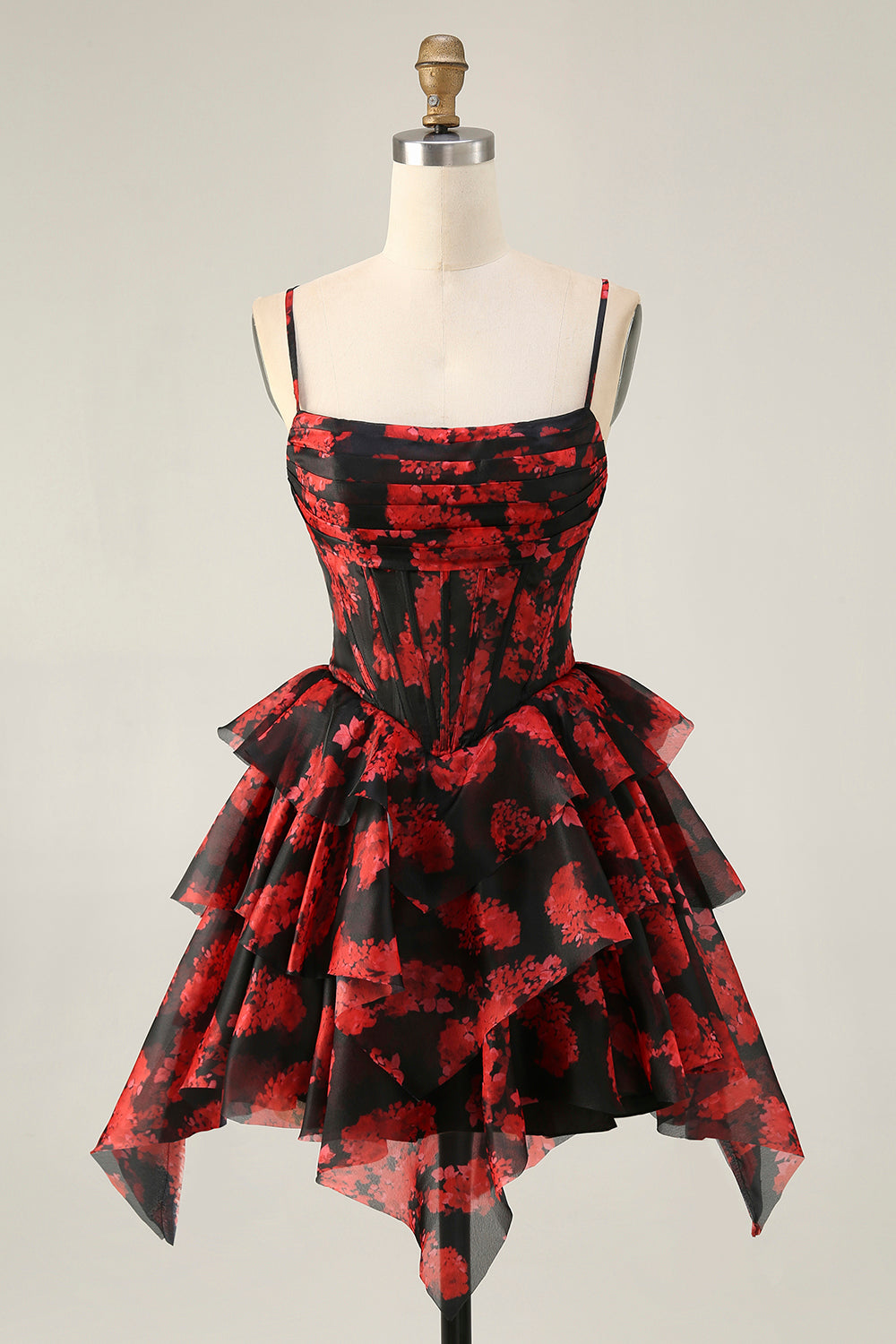 Leely Women Black Red Printed Corset Short Tiered Homecoming Dress with Ruffles A Line Spaghetti Straps Lace Up Back Asymmetrical Cocktail Dress