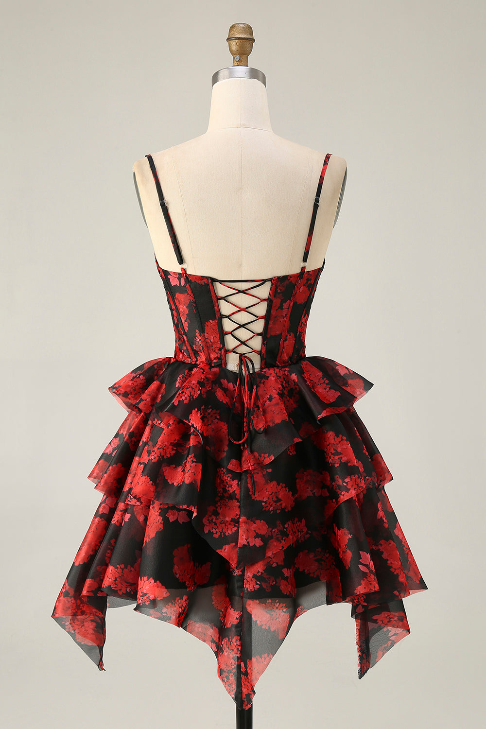 Black Red Printed A Line Corset Short Tiered Homecoming Dress with Ruffles