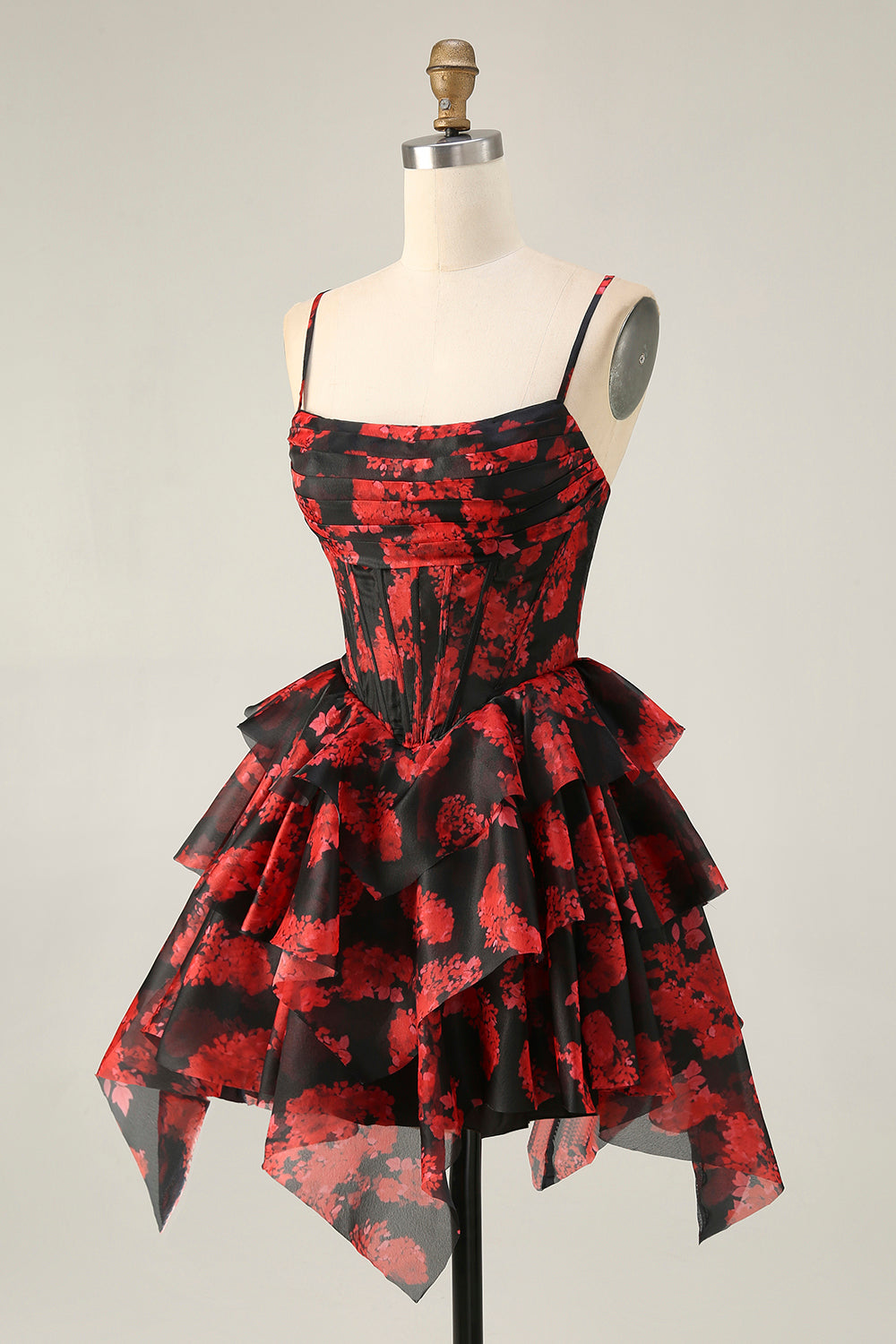 Black Red Printed A Line Corset Short Tiered Homecoming Dress with Ruffles