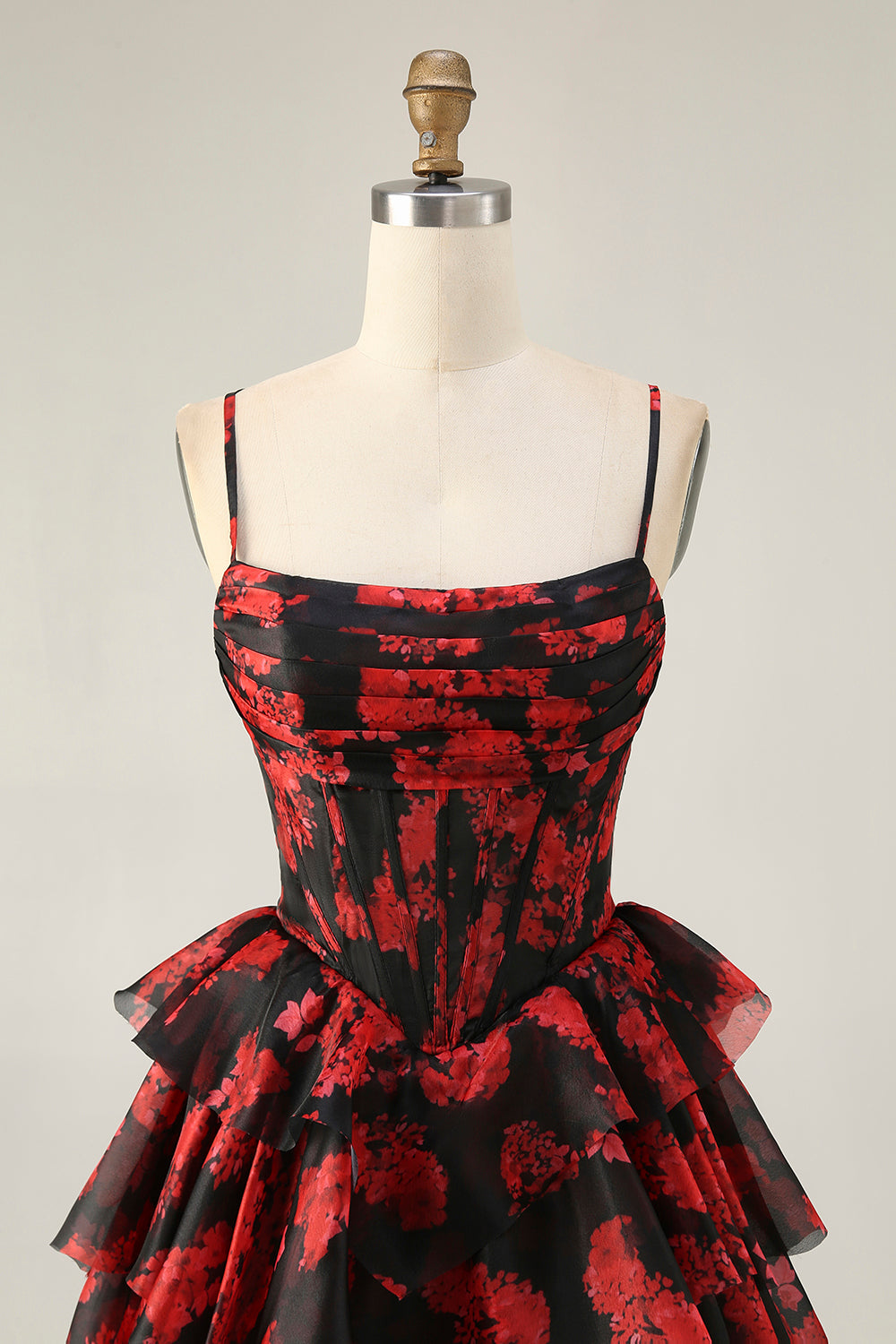 Black Red Printed A Line Corset Short Tiered Homecoming Dress with Ruffles