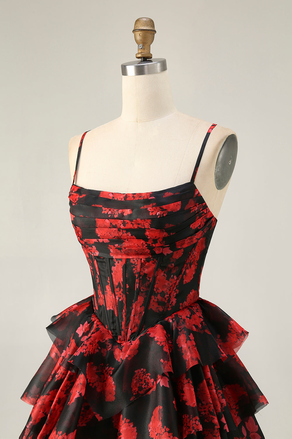 Black Red Printed A Line Corset Short Tiered Homecoming Dress with Ruffles