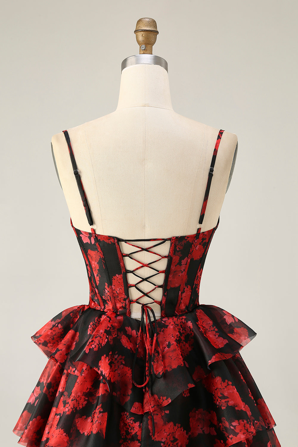 Black Red Printed A Line Corset Short Tiered Homecoming Dress with Ruffles