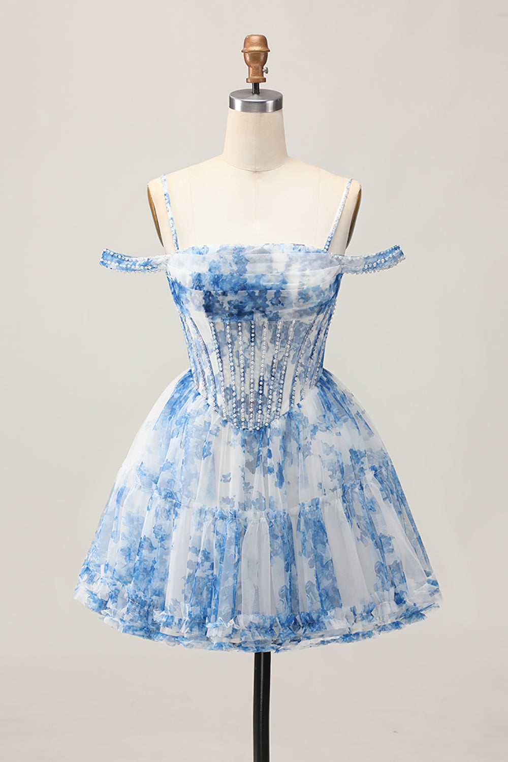 White Blue Floral Corset A Line Cold Shoulder Short Homecoming Dress