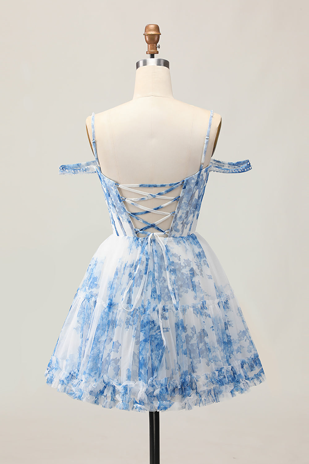 White Blue Floral Corset A Line Cold Shoulder Short Homecoming Dress