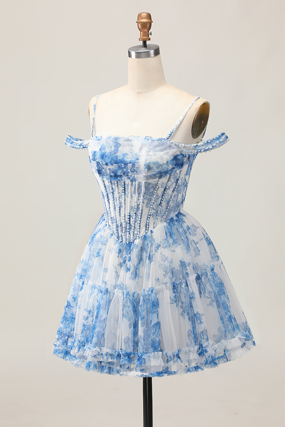 White Blue Floral Corset A Line Cold Shoulder Short Homecoming Dress