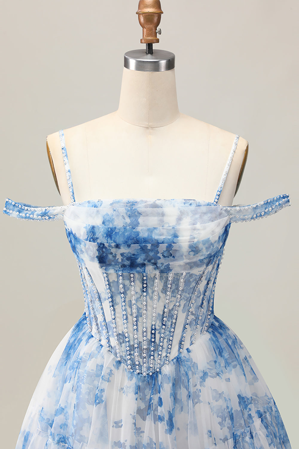 White Blue Floral Corset A Line Cold Shoulder Short Homecoming Dress