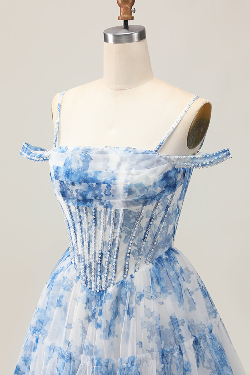 White Blue Floral Corset A Line Cold Shoulder Short Homecoming Dress