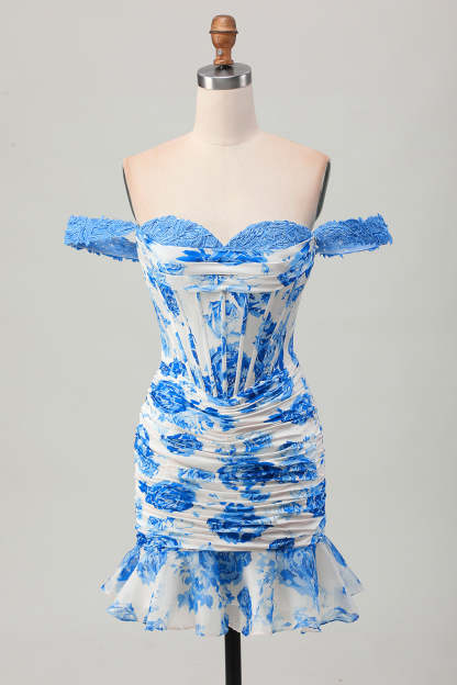 White and Blue Floral Corset Tight Short Homecoming Dress with Ruffles