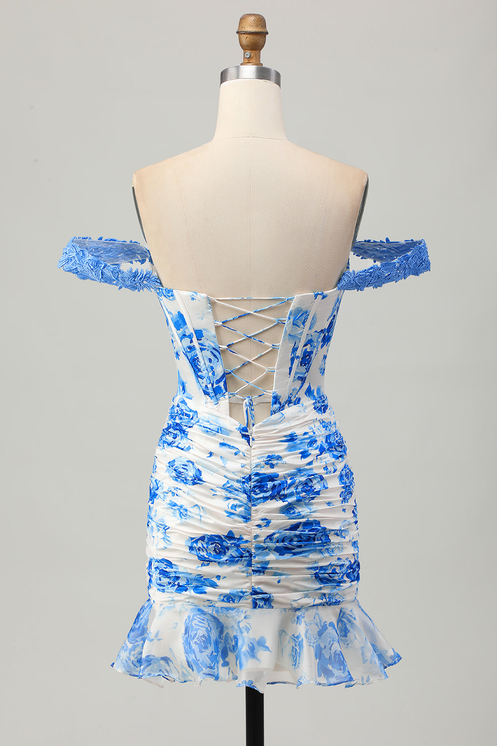White and Blue Floral Corset Tight Short Homecoming Dress with Ruffles
