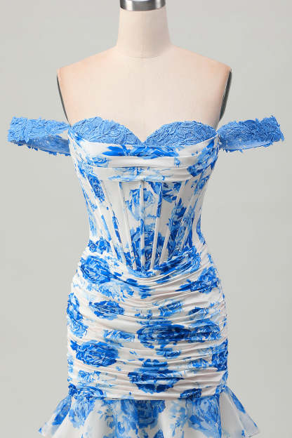 White and Blue Floral Corset Tight Short Homecoming Dress with Ruffles