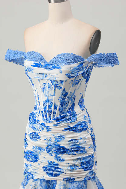 White and Blue Floral Corset Tight Short Homecoming Dress with Ruffles
