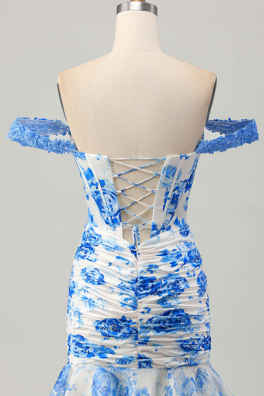 White and Blue Floral Corset Tight Short Homecoming Dress with Ruffles