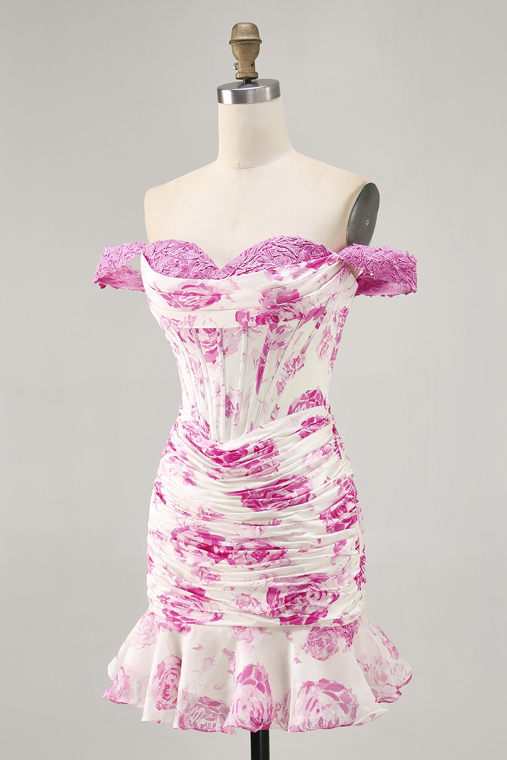 White and Blue Floral Corset Tight Short Homecoming Dress with Ruffles