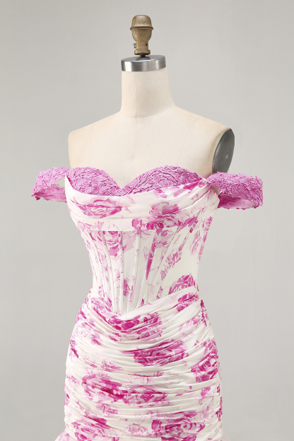 White and Blue Floral Corset Tight Short Homecoming Dress with Ruffles