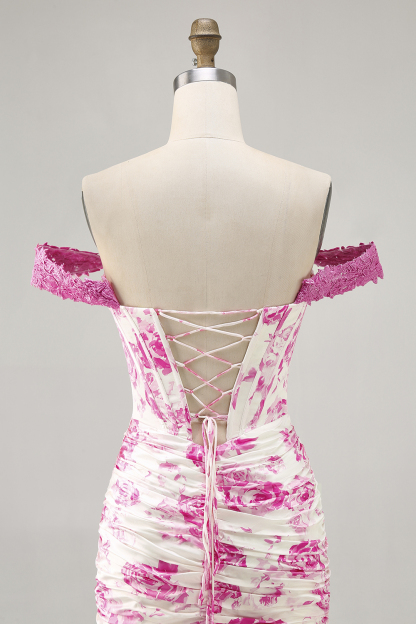 White and Blue Floral Corset Tight Short Homecoming Dress with Ruffles