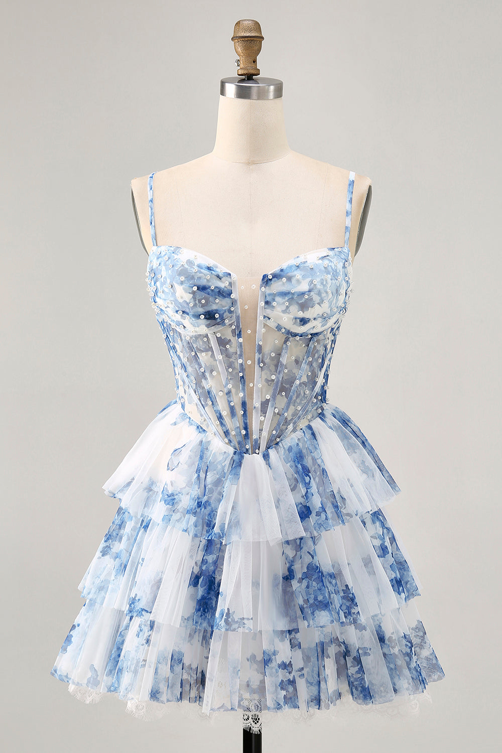 Tiered White and Blue Floral Ruffled Short Corset Homecoming Dress with Pearls
