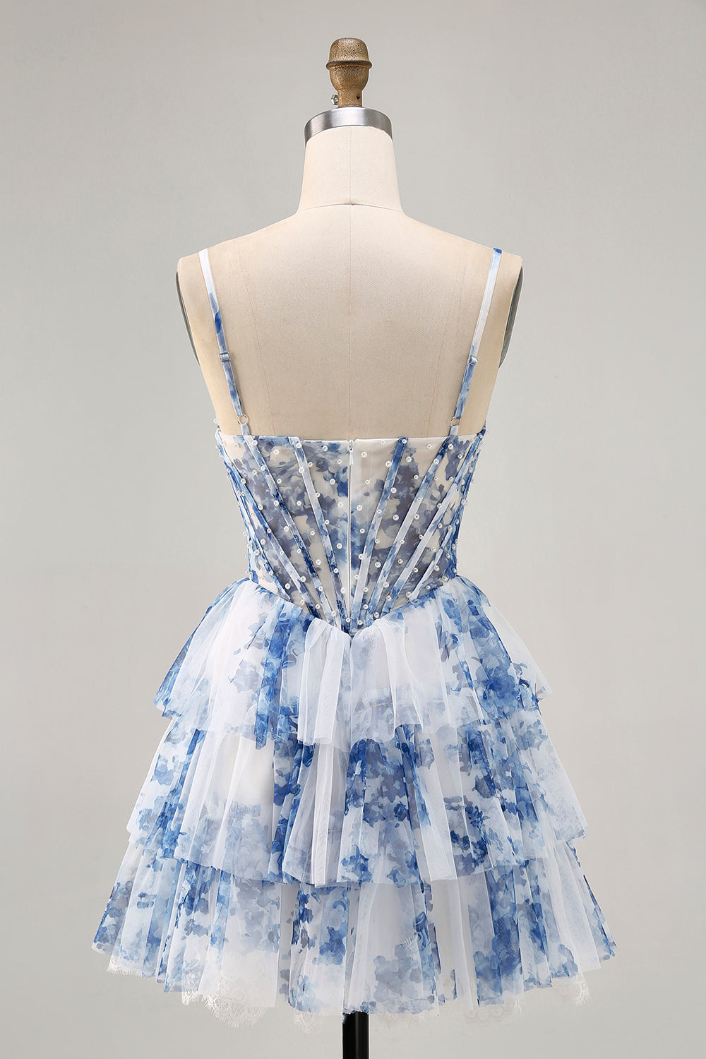 Tiered White and Blue Floral Ruffled Short Corset Homecoming Dress with Pearls