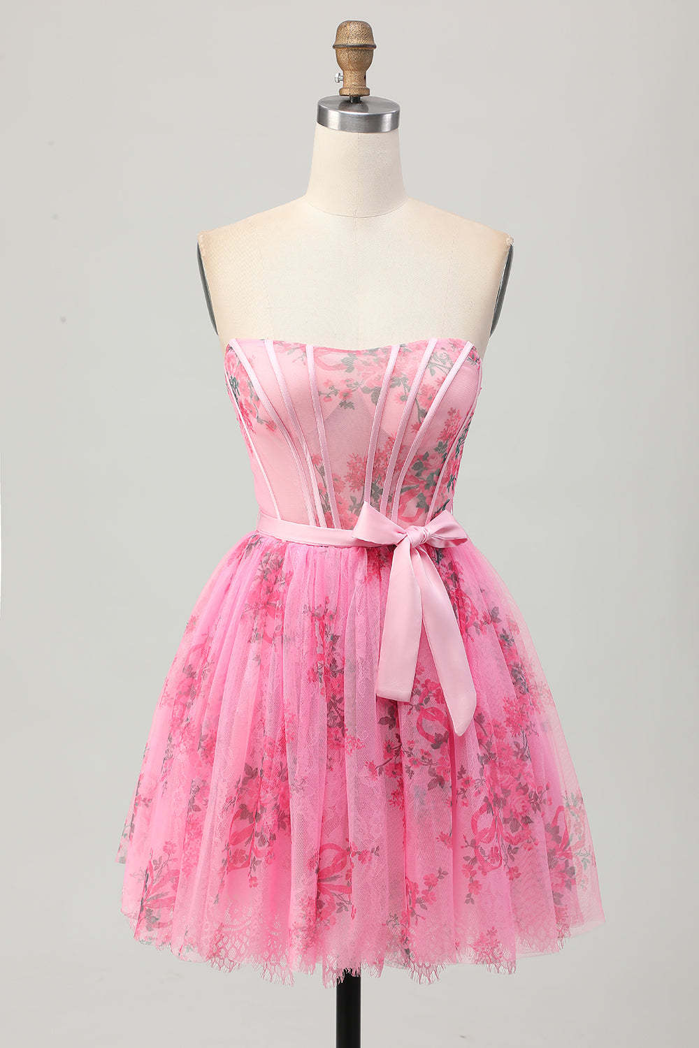 Pink Floral Corset Strapless Short A Line Homecoming Dress with Bow