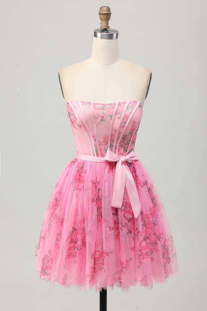 Pink Floral Corset Strapless Short A Line Homecoming Dress with Bow