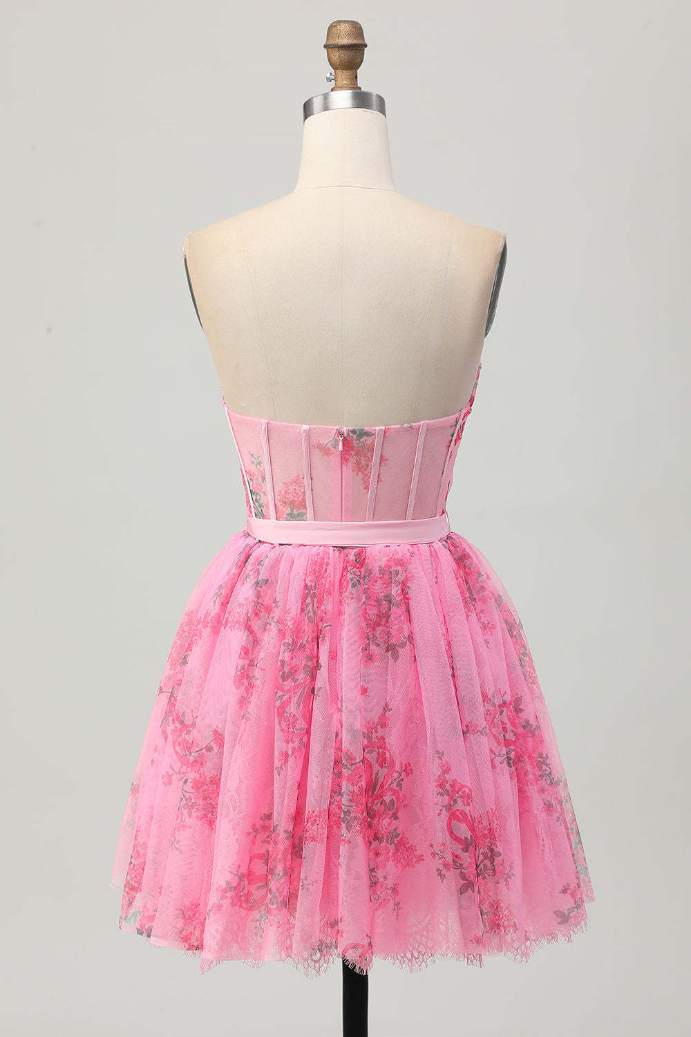 Pink Floral Corset Strapless Short A Line Homecoming Dress with Bow
