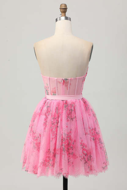 Pink Floral Corset Strapless Short A Line Homecoming Dress with Bow