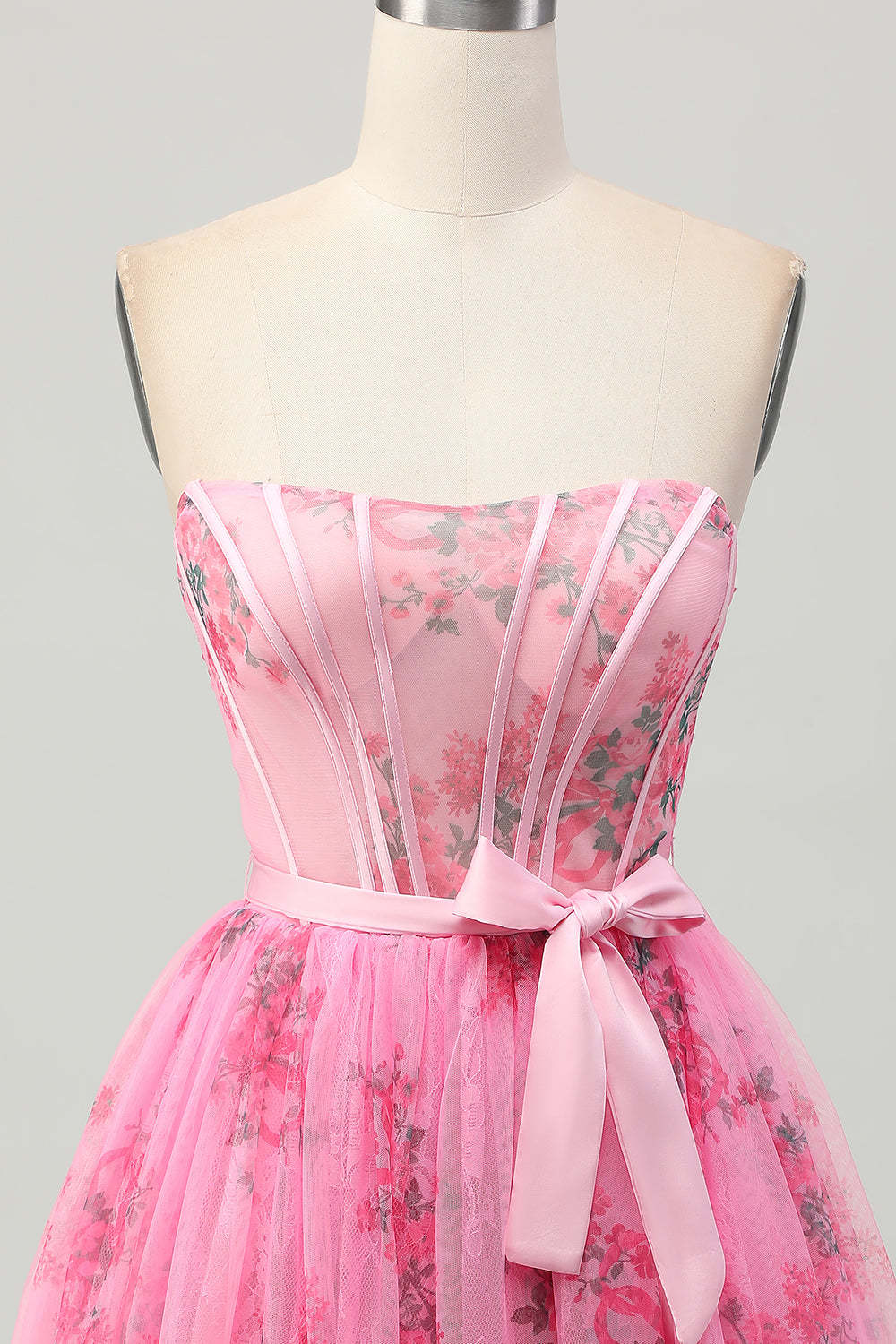 Pink Floral Corset Strapless Short A Line Homecoming Dress with Bow