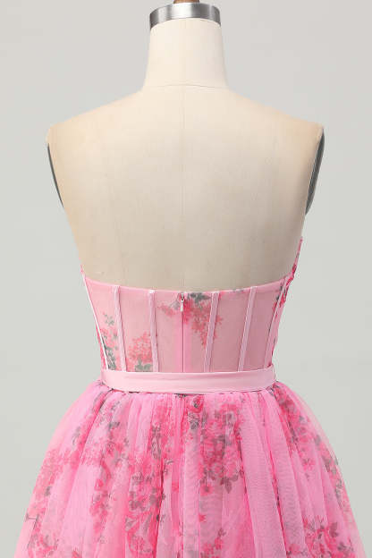 Pink Floral Corset Strapless Short A Line Homecoming Dress with Bow