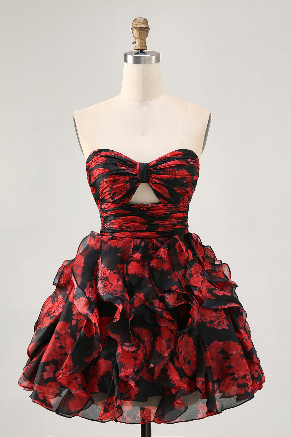 Leely Women Black Red Floral Short Homecoming Dress with Ruffles Keyhole A Line Sweetheart Ruched Cocktail Dress
