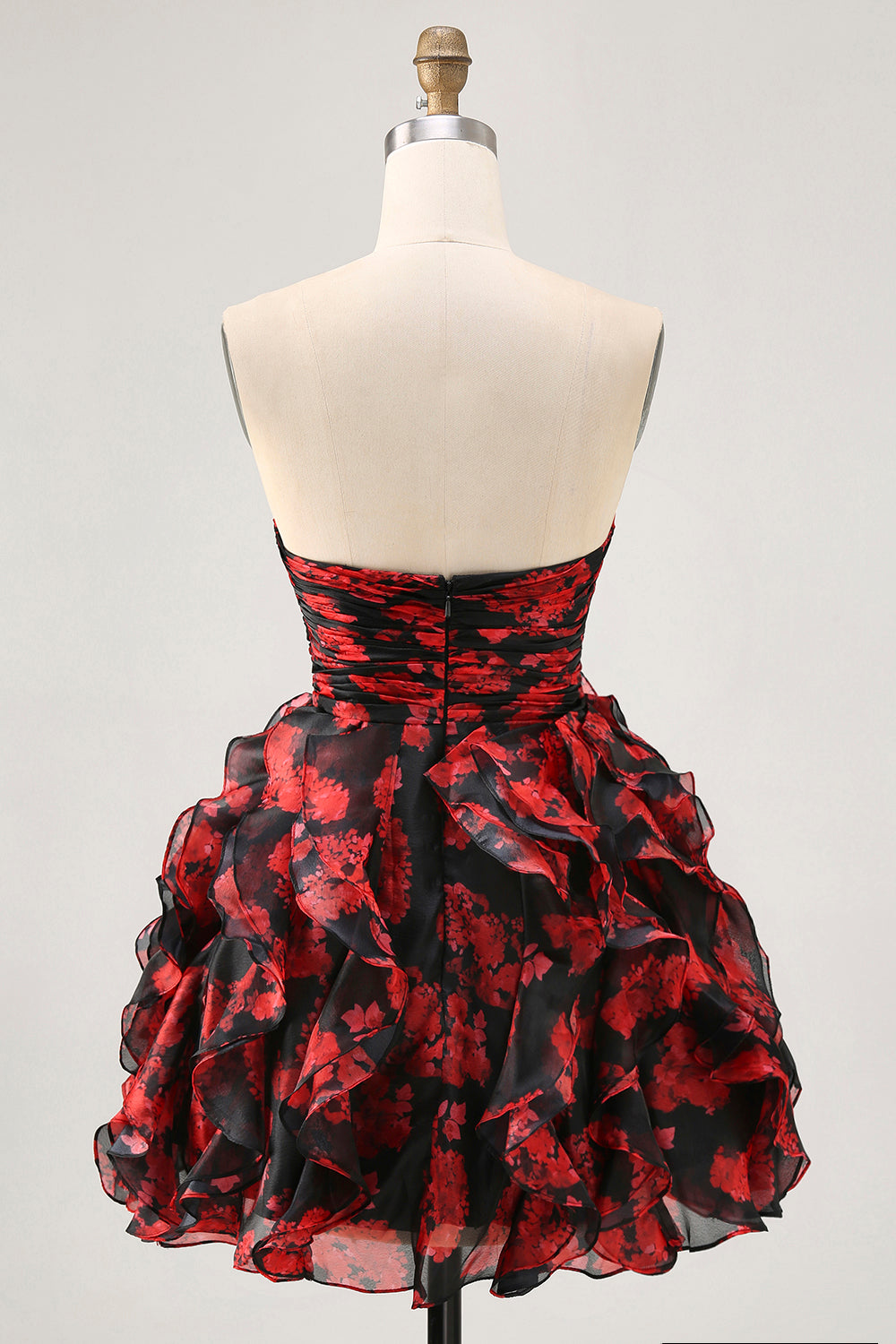 Black and Red Sweetheart Floral Keyhole Short Homecoming Dress with Ruffles