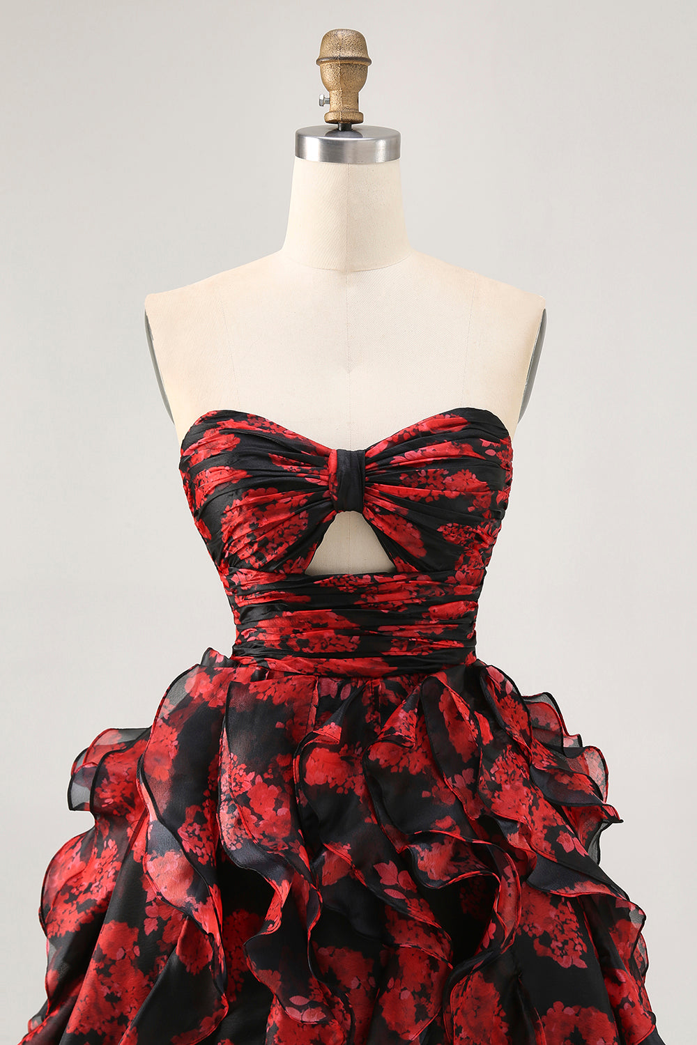 Black and Red Sweetheart Floral Keyhole Short Homecoming Dress with Ruffles