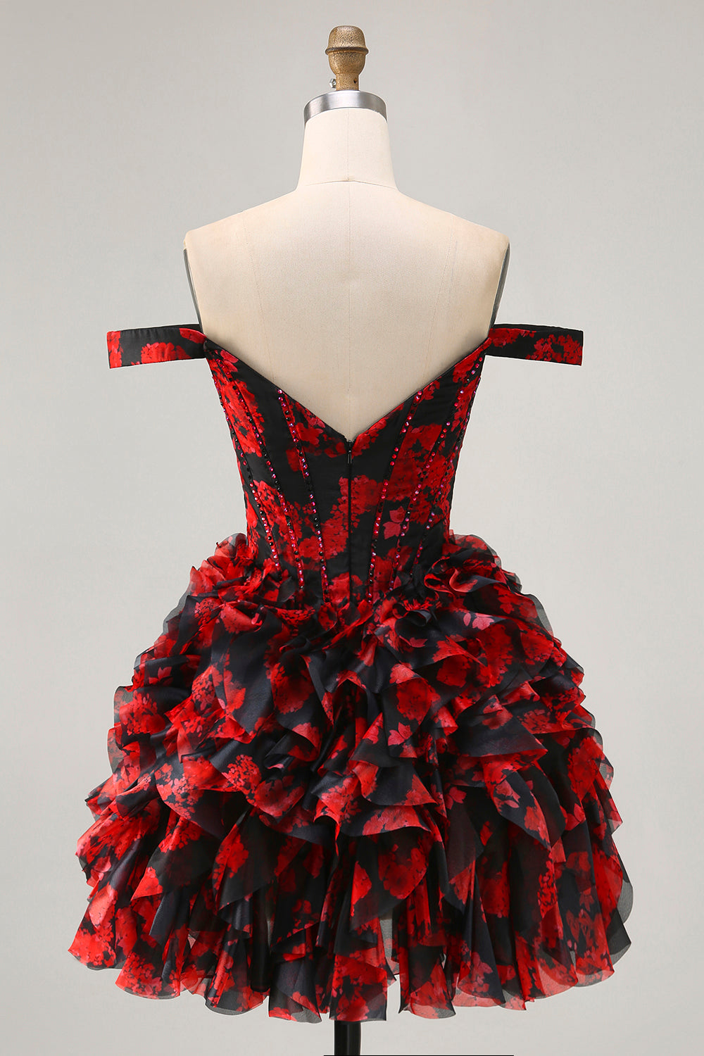 Black and Red Floral Ruffled Short Corset Homecoming Dress with Beading