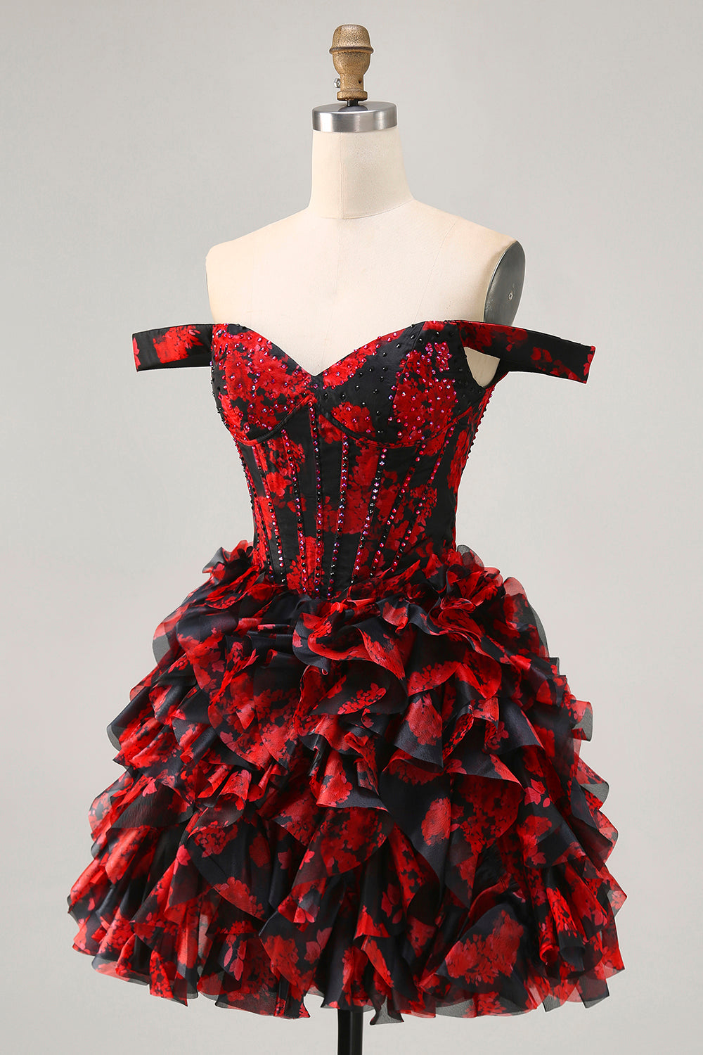 Black and Red Floral Ruffled Short Corset Homecoming Dress with Beading