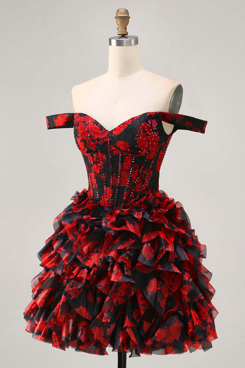Black and Red Floral Ruffled Short Corset Homecoming Dress with Beading