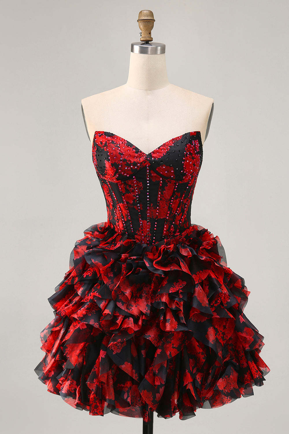 Black and Red Floral Ruffled Short Corset Homecoming Dress with Beading