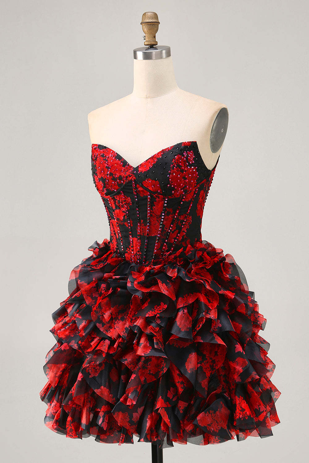 Black and Red Floral Ruffled Short Corset Homecoming Dress with Beading