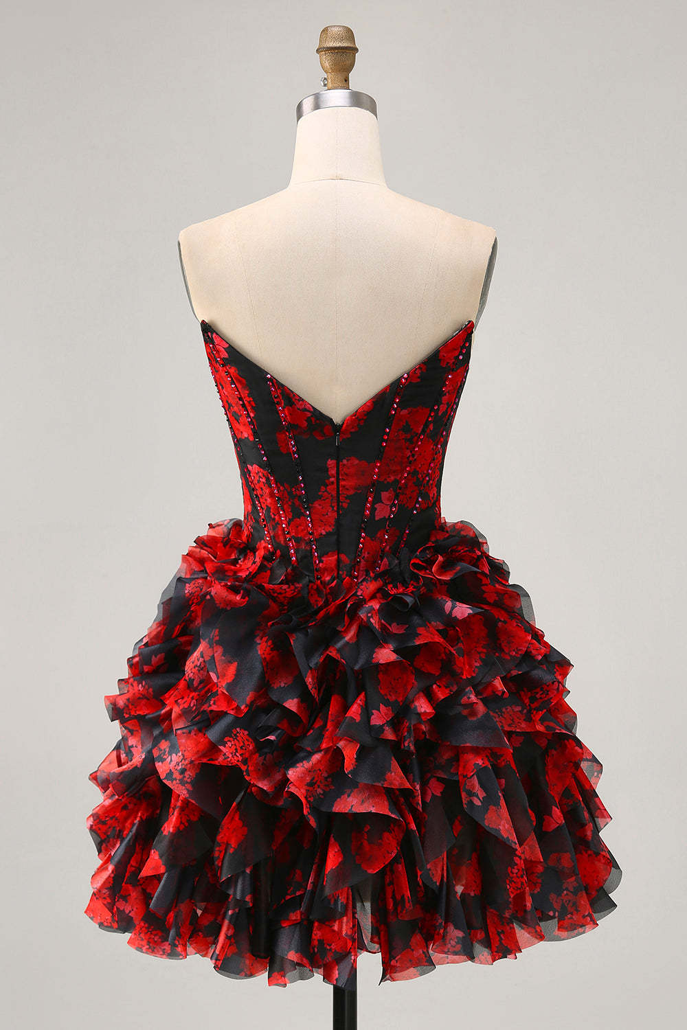 Black and Red Floral Ruffled Short Corset Homecoming Dress with Beading