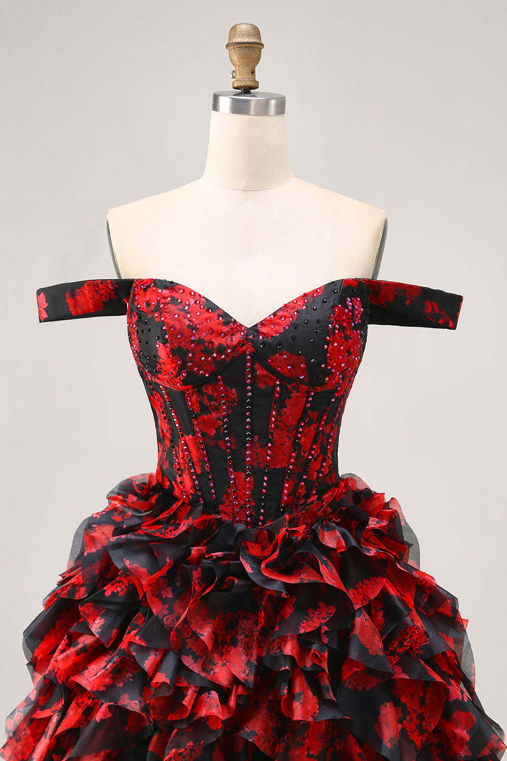 Black and Red Floral Ruffled Short Corset Homecoming Dress with Beading