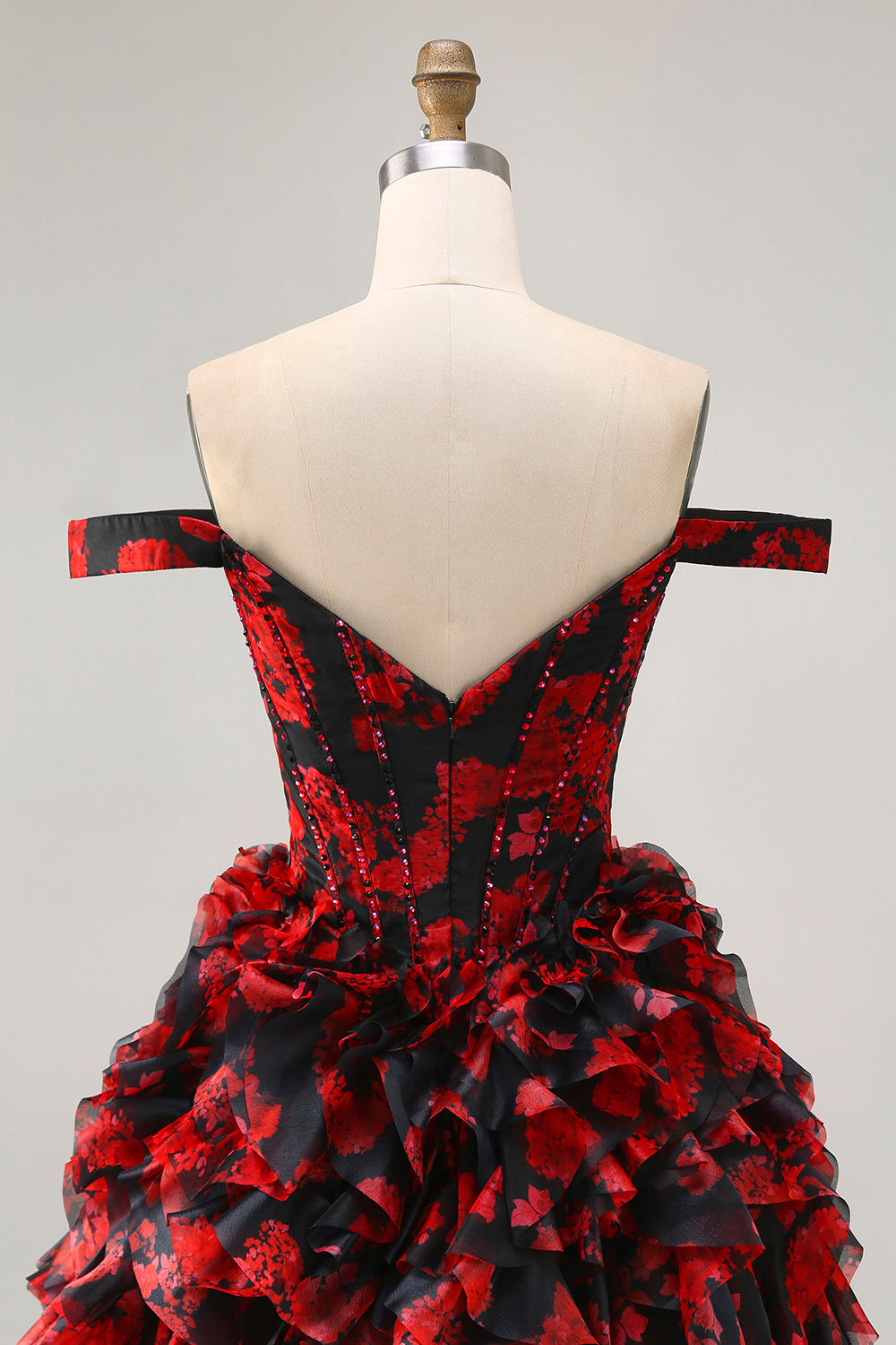 Black and Red Floral Ruffled Short Corset Homecoming Dress with Beading