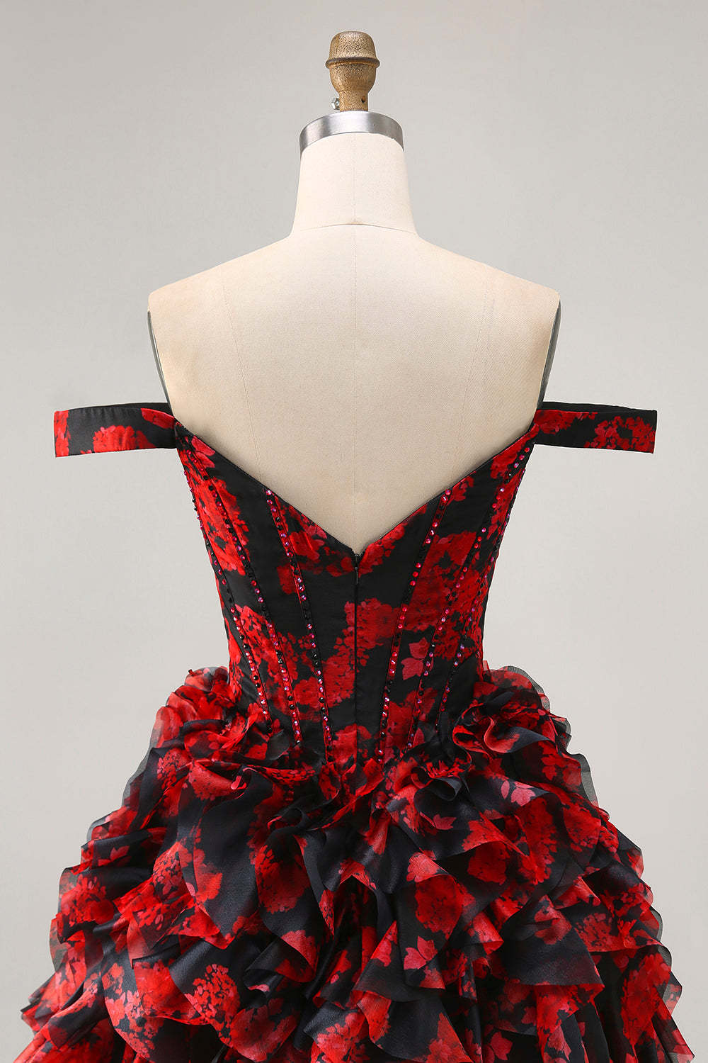 Black and Red Floral Ruffled Short Corset Homecoming Dress with Beading