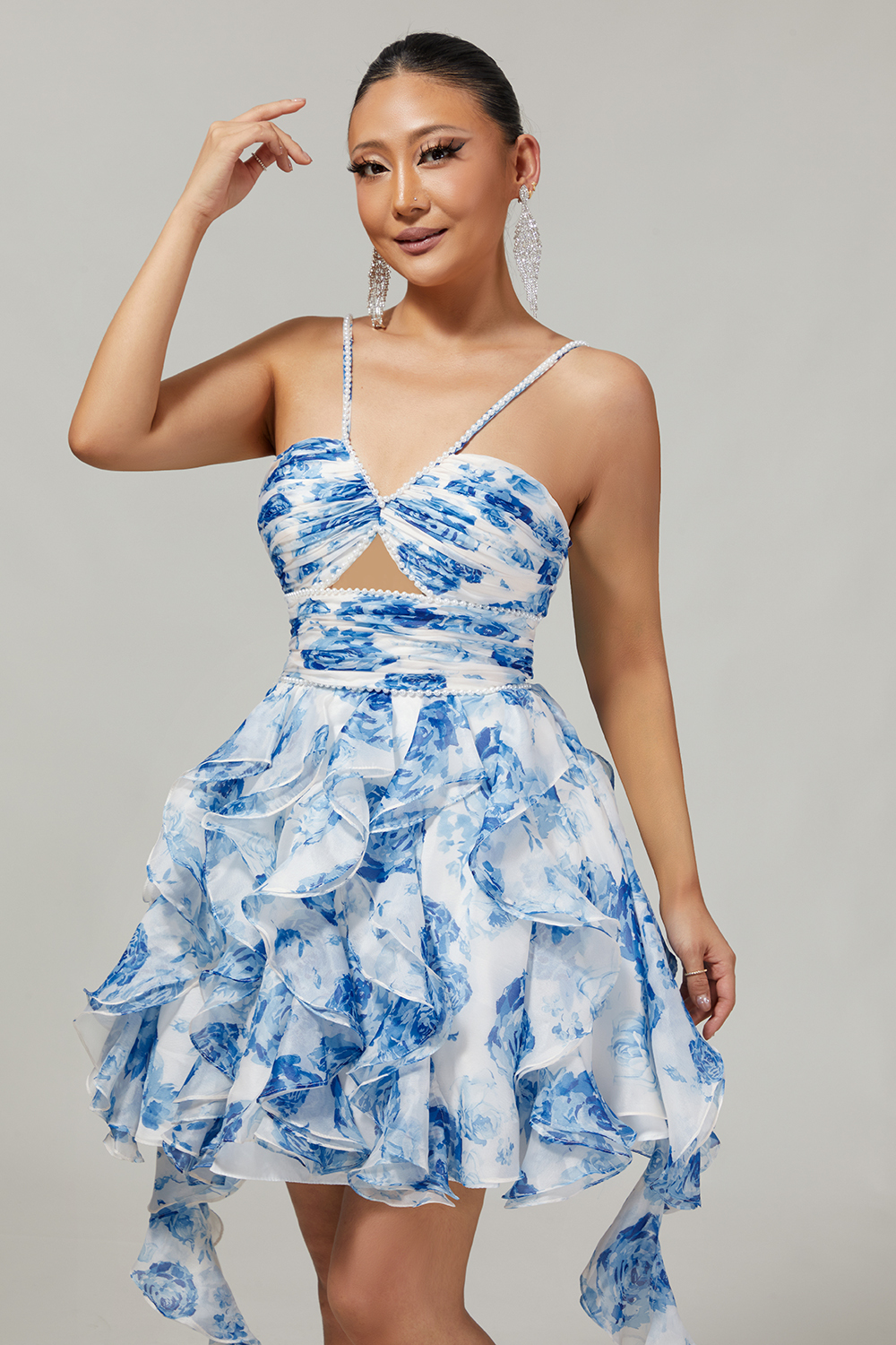 White and Blue Floral Ruffled Keyhole Short Homecoming Dress with Pearls