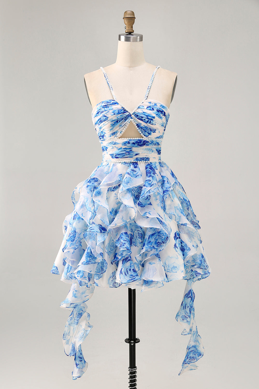 White and Blue Floral Ruffled Keyhole Short Homecoming Dress with Pearls