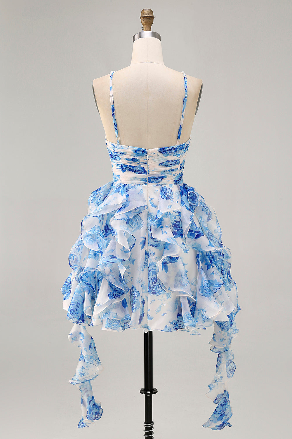 White and Blue Floral Ruffled Keyhole Short Homecoming Dress with Pearls