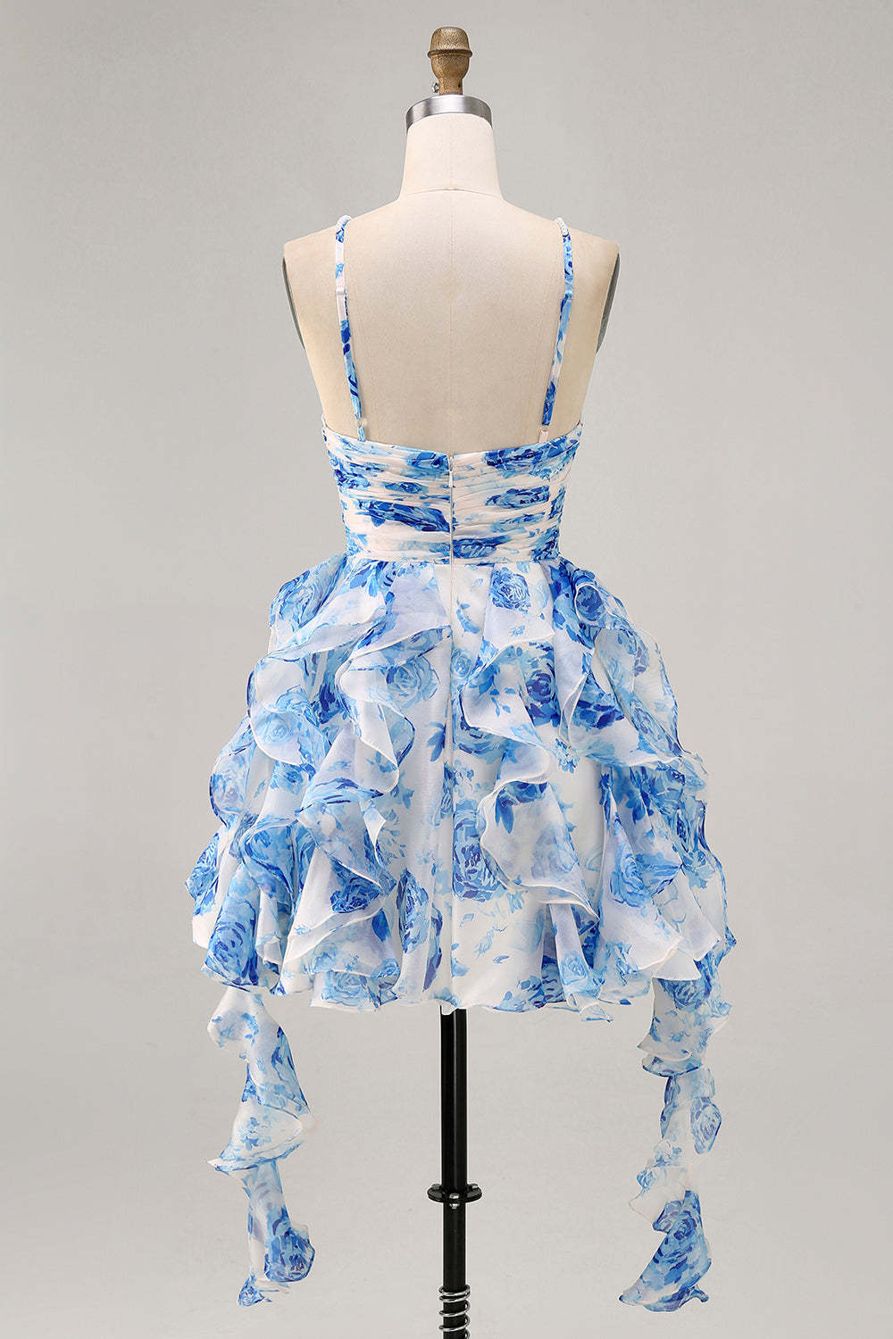 White and Blue Floral Ruffled Keyhole Short Homecoming Dress with Pearls