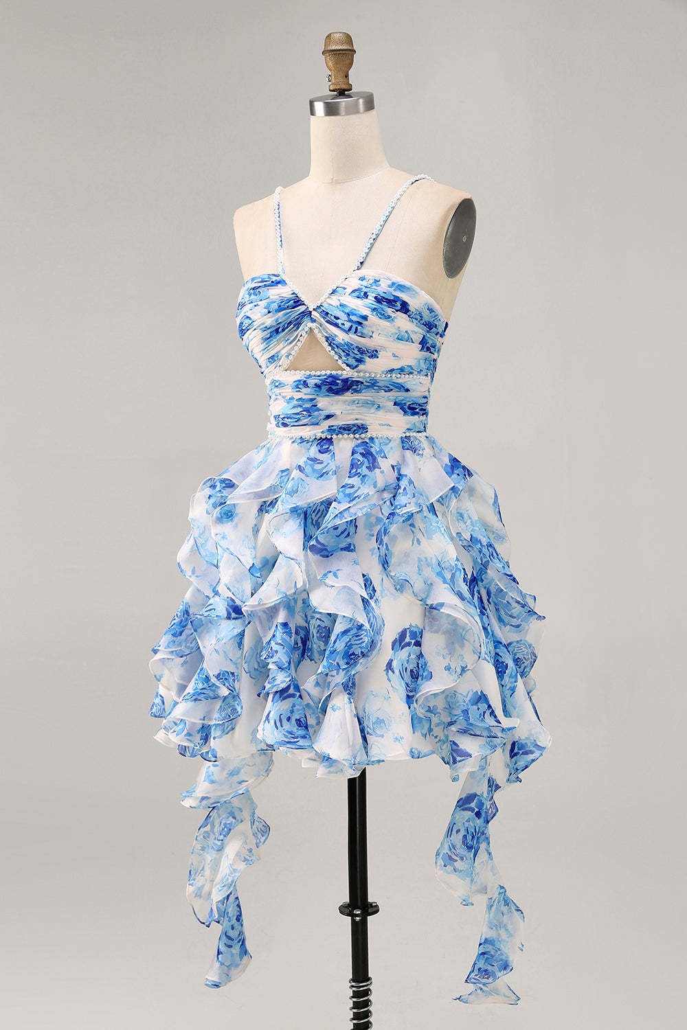 White and Blue Floral Ruffled Keyhole Short Homecoming Dress with Pearls