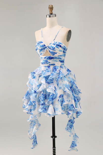 White and Blue Floral Ruffled Keyhole Short Homecoming Dress with Pearls