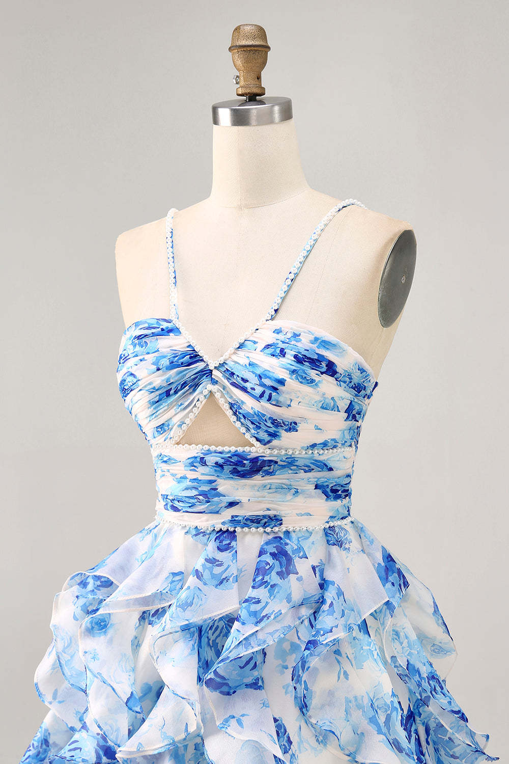 White and Blue Floral Ruffled Keyhole Short Homecoming Dress with Pearls